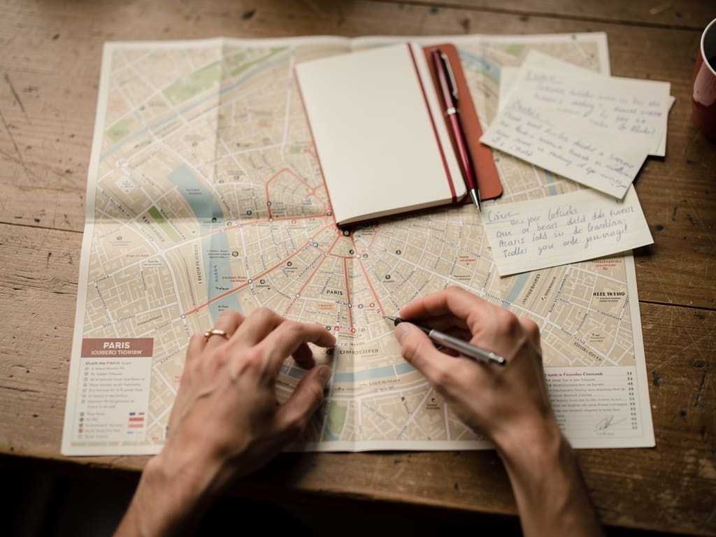 Mains préparant un itinéraire parisien sur une carte