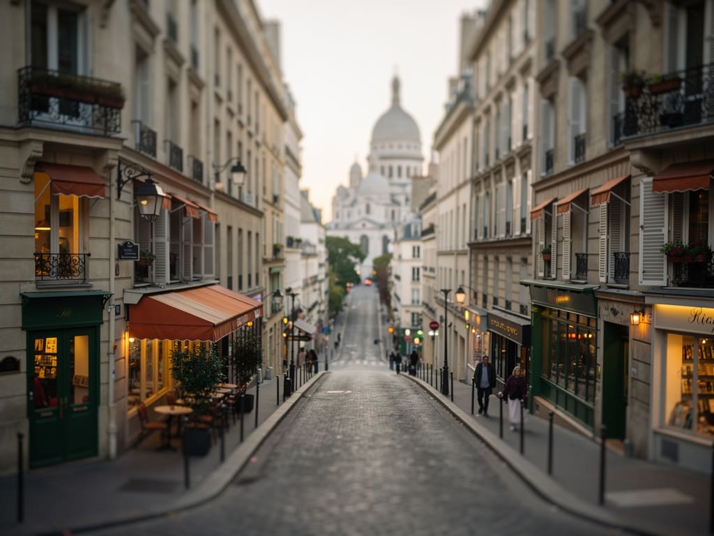 Rue de Montmartre éclairée au début de la soirée