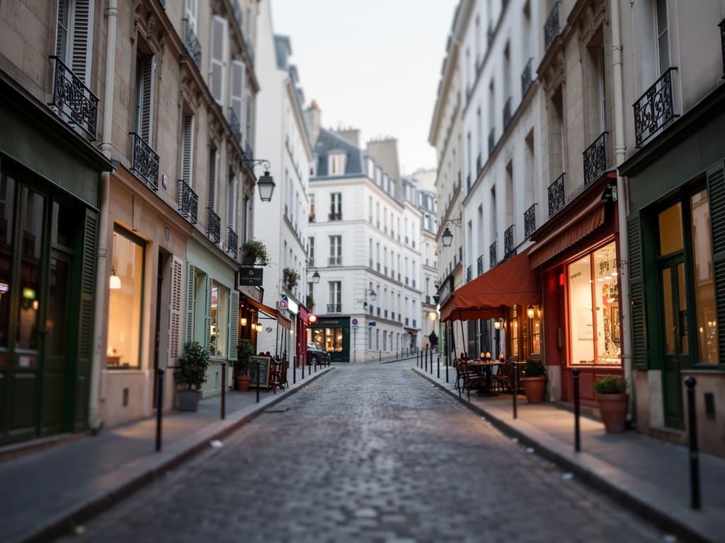 Rue calme et en pente à Montmartre au crépuscule